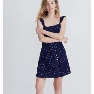 Madewell Classic Navy Polka Dot Ruffle Strap Button Front Mini Dress Sz 4